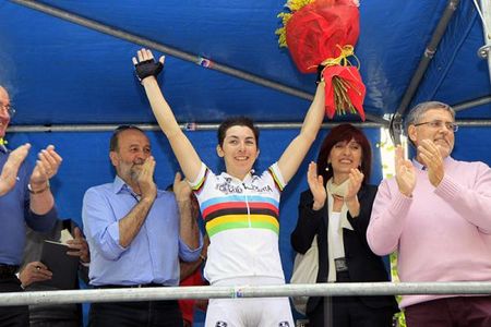 Giorgia Bronzini (Colavita Forno d'Asolo) celebrates her victory in the GP Liberazione, her first win in the rainbow jersey.