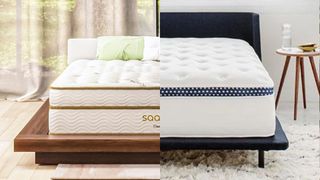 The image shows the Saatva Classic mattress on the left hand side and the WinkBed on the right in a side by side comparison 