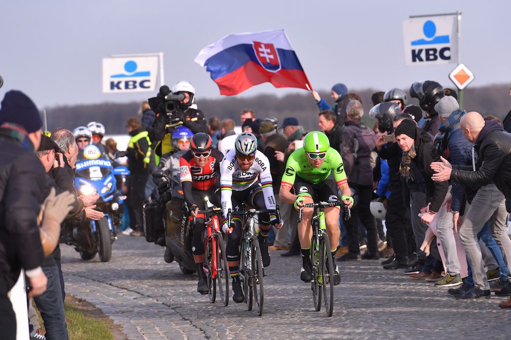 Sep Vanmarcke, Peter Sagan, and Greg Van Avermaet in the lead at Omloop Het Nieuwsblad
