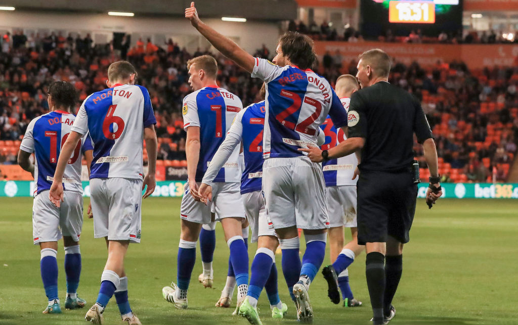 Blackburn Rovers' Ben Brereton Diaz celebrates by giving the fans a thumbs up after scoring his side's first goal in the 15th minute to make the score 0-1 during the Sky Bet Championship between Blackpool and Blackburn Rovers at Bloomfield Road on August 31, 2022 in Blackpool, United Kingdom.