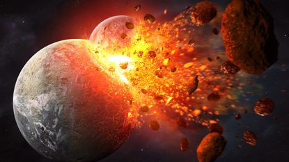 An illustration showing the protoplanet Theia smashing into Earth and releasing a large cloud of molten debris