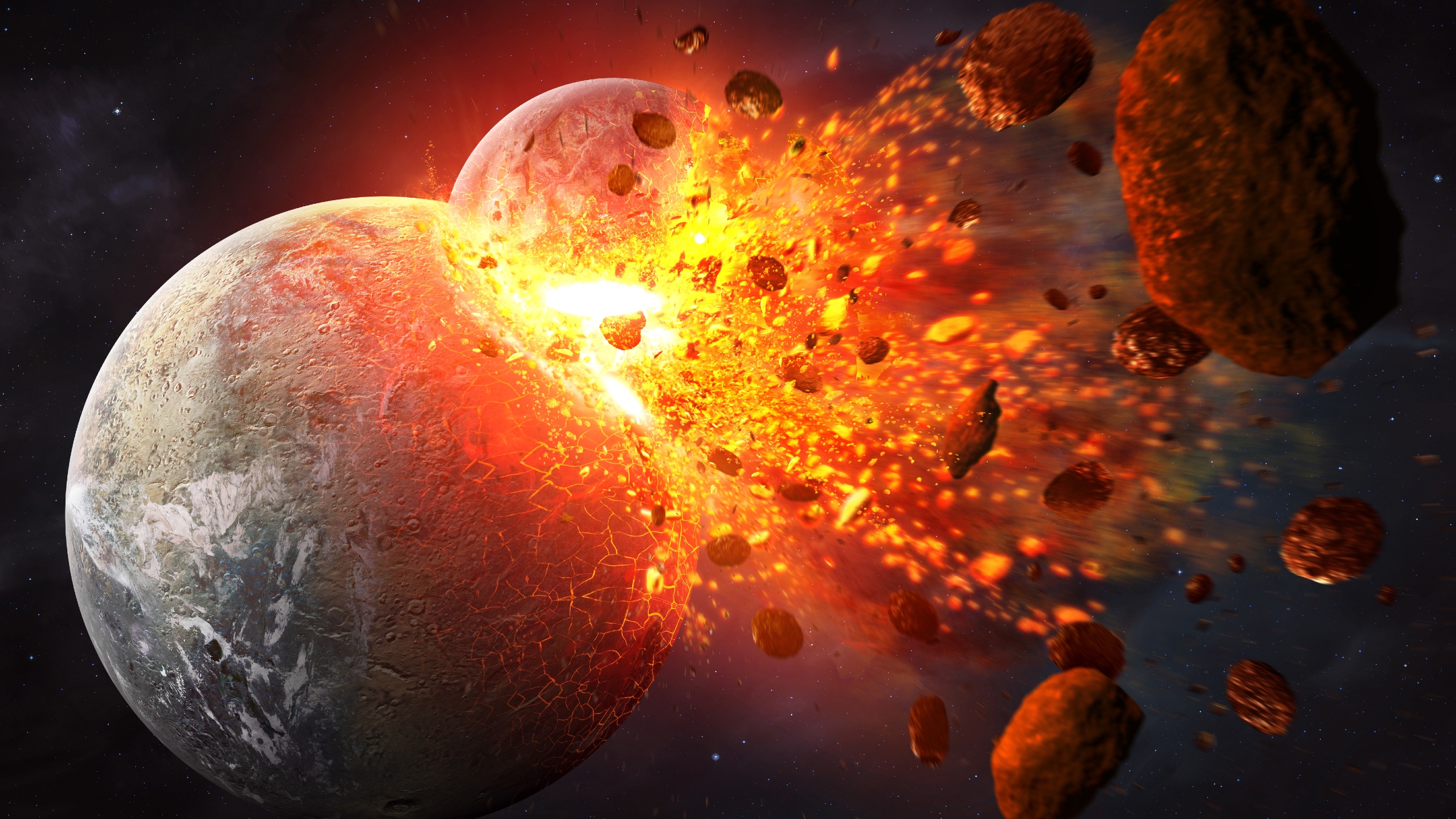 An illustration showing the protoplanet Theia smashing into Earth and releasing a large cloud of molten debris