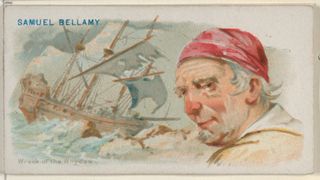 An illustration of Samuel Bellamy with the wreck of the Whydah from the Pirates of the Spanish Main series (N19) for Allen & Ginter Cigarettes, dated around 1888.