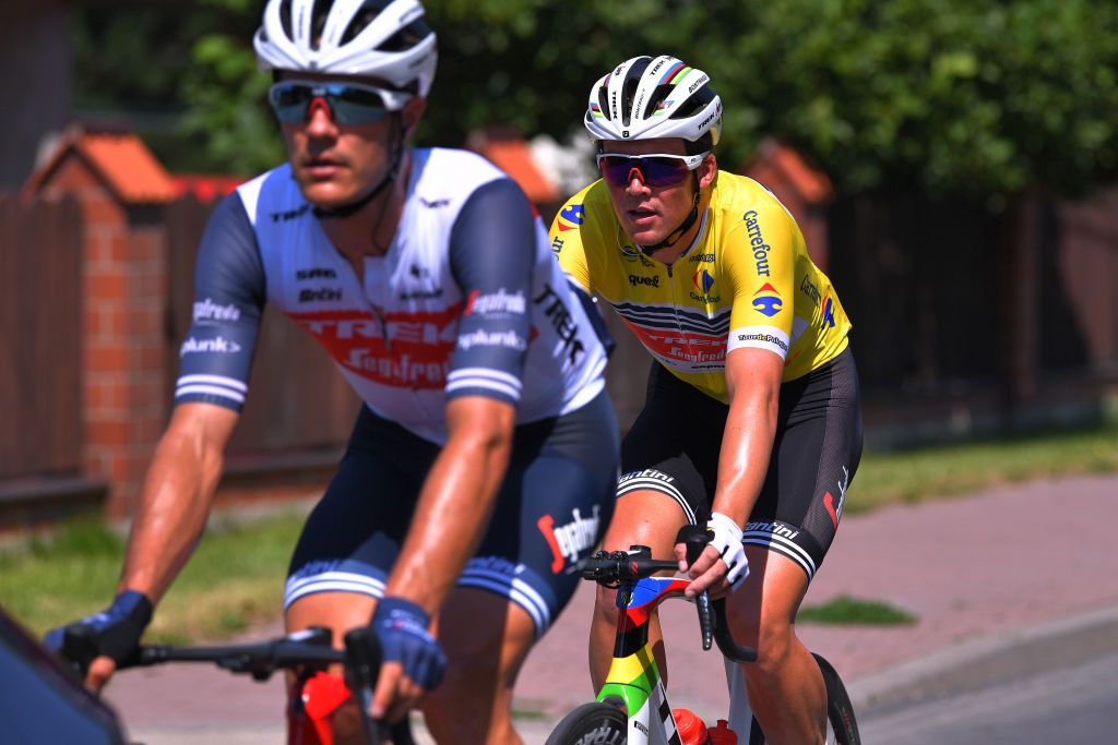BIELSKOBIALA POLAND AUGUST 07 Jasper Stuyven of Belgium and Team Trek Segafredo Mads Pedersen of Denmark and Team Trek Segafredo World Champion Jersey and Yellow Leader Jersey during the 77th Tour of Poland 2020 Stage 3 a 2031km stage from Wadowice to BielskoBiaa 433m TourdePologne tdp20 on August 07 2020 in BielskoBiala Poland Photo by Luc ClaessenGetty Images