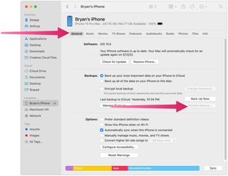 To restore your iPhone or iPad, click the finder app in the Mac Dock, then choose your devices on the left side under Devices. Choose the General tab on the right side. Click Restore Backup Now.