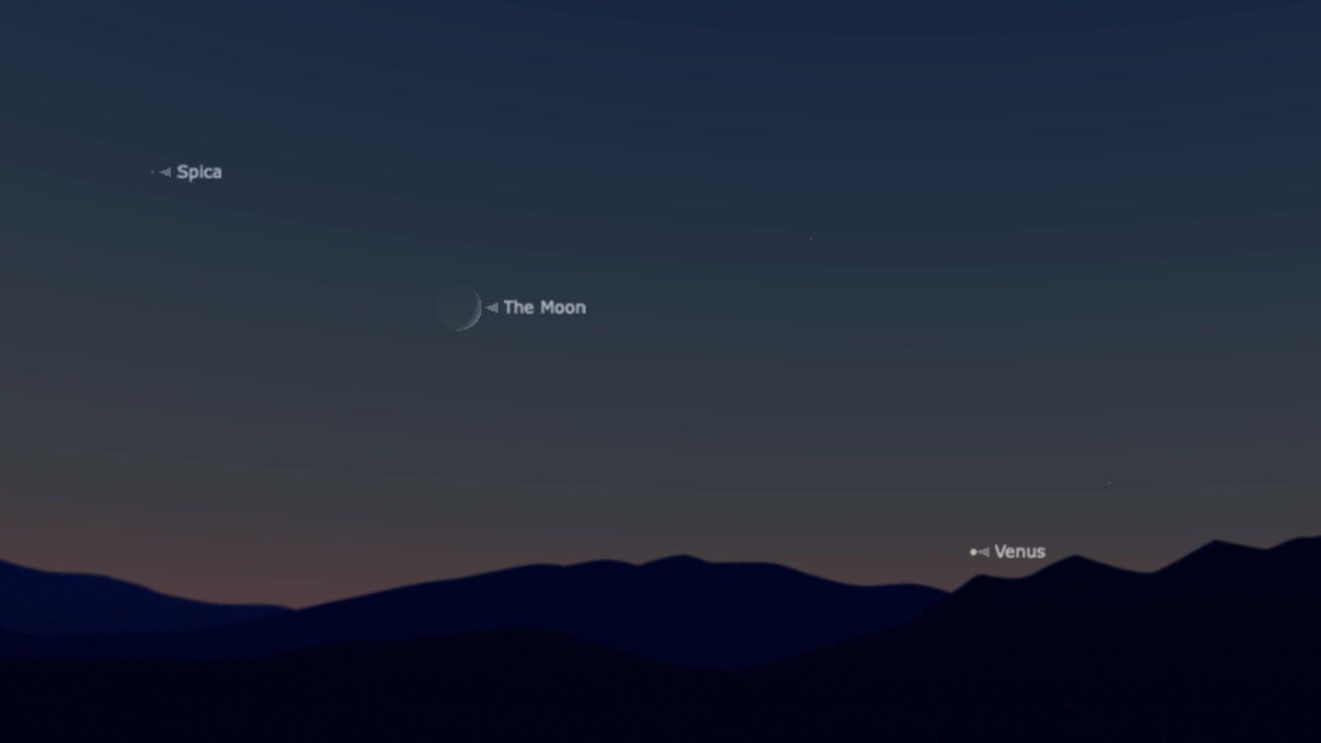 Sky map showing the Moon in the center of the chart with Virgo in the upper left corner and Venus in the lower right.