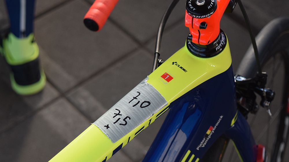 Each of the Wanty-Groupe Gobert riders had their tyre pressures marked on the top tube in preparation for Omloop Het Nieuwsblad