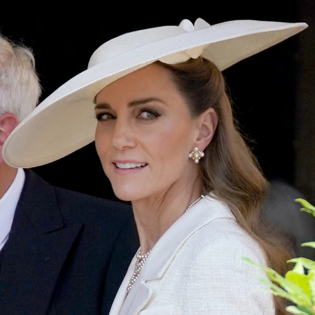 Kate Middleton wearing a Self-Portrait blazer dress and pearls