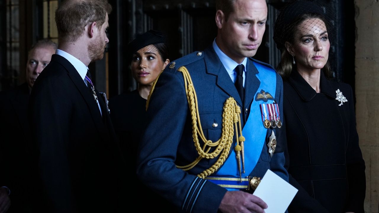 rince William, Prince of Wales with Catherine, Princess of Wales and Prince Harry with Meghan, Duchess of Sussex leave after escorting the coffin of Queen Elizabeth II to Westminster Hall from Buckingham Palace for her lying in state, on September 14, 2022 in London, United Kingdom. Queen Elizabeth II&#039;s coffin is taken in procession on a Gun Carriage of The King&#039;s Troop Royal Horse Artillery from Buckingham Palace to Westminster Hall where she will lay in state until the early morning of her funeral. Queen Elizabeth II died at Balmoral Castle in Scotland on September 8, 2022, and is succeeded by her eldest son, King Charles III.