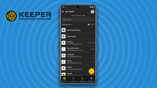 The Keeper password manager app on an Android device against a TechRadar blue background