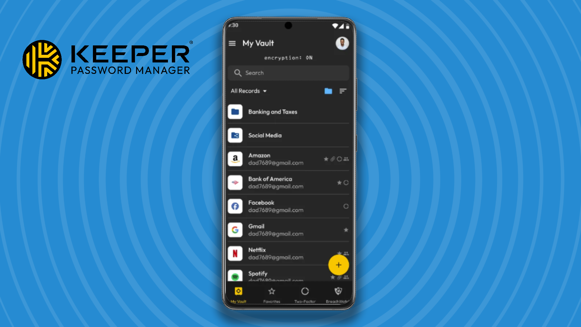 The Keeper password manager app on an Android device against a TechRadar blue background