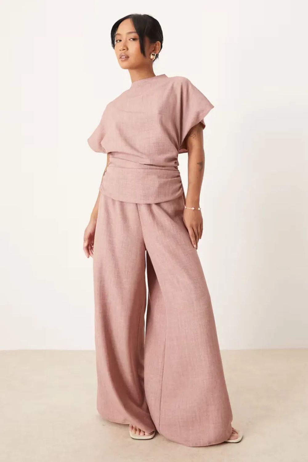 ASOS DESIGN Petite linen look open back and ruched detail jumpsuit