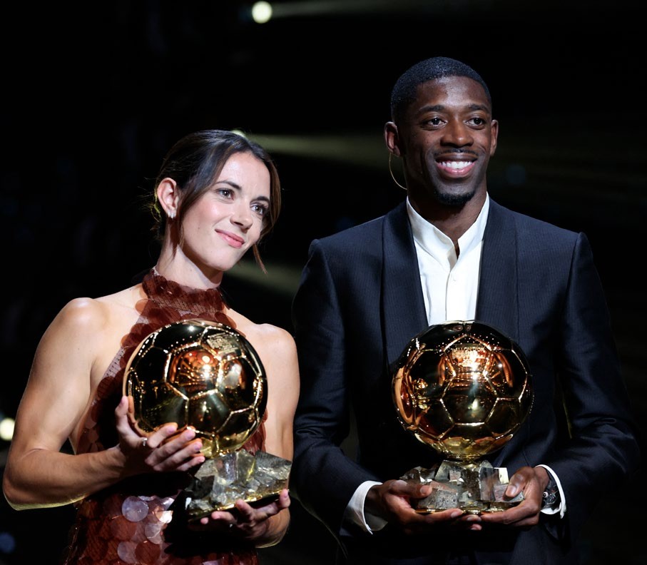 Paris Saint-Germain's French forward Ousmane Dembele and Barcelona's Spanish midfielder and Ballon d'Or 2024 winner Aitana Bonmati pose after receiving the Ballon d'Or awards during the 2025 Ballon d'Or France Football award ceremony at the Theatre du Chatelet in Paris on September 22, 2025. (Photo by Franck FIFE / AFP) (Photo by FRANCK FIFE/AFP via Getty Images)