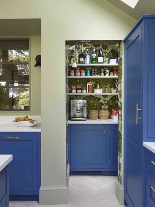 A kitchen with green walls and deep blue cabinets