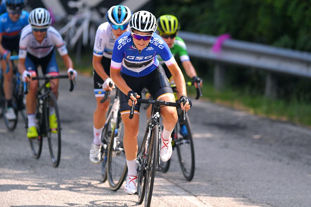 Giro Rosa stage 8 breakaway: Elisa Longo Borghini of Italy and Team Wiggle High5 Blue Best Italian Rider / Marianne Vos of The Netherlands and Team WaowDeals Pro Cycling / Lucinda Brand of The Netherlands and Team Sunweb