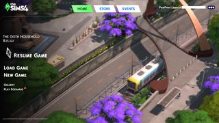 The Sims 4 main menu with a replaced background of a bus driving through a city and no news sidebar