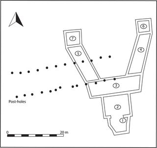 This diagram shows the Y-shaped Roman building, which dates back around 1,800 years. Sometime later another Roman structure, whose postholes remain, was built on top of it.