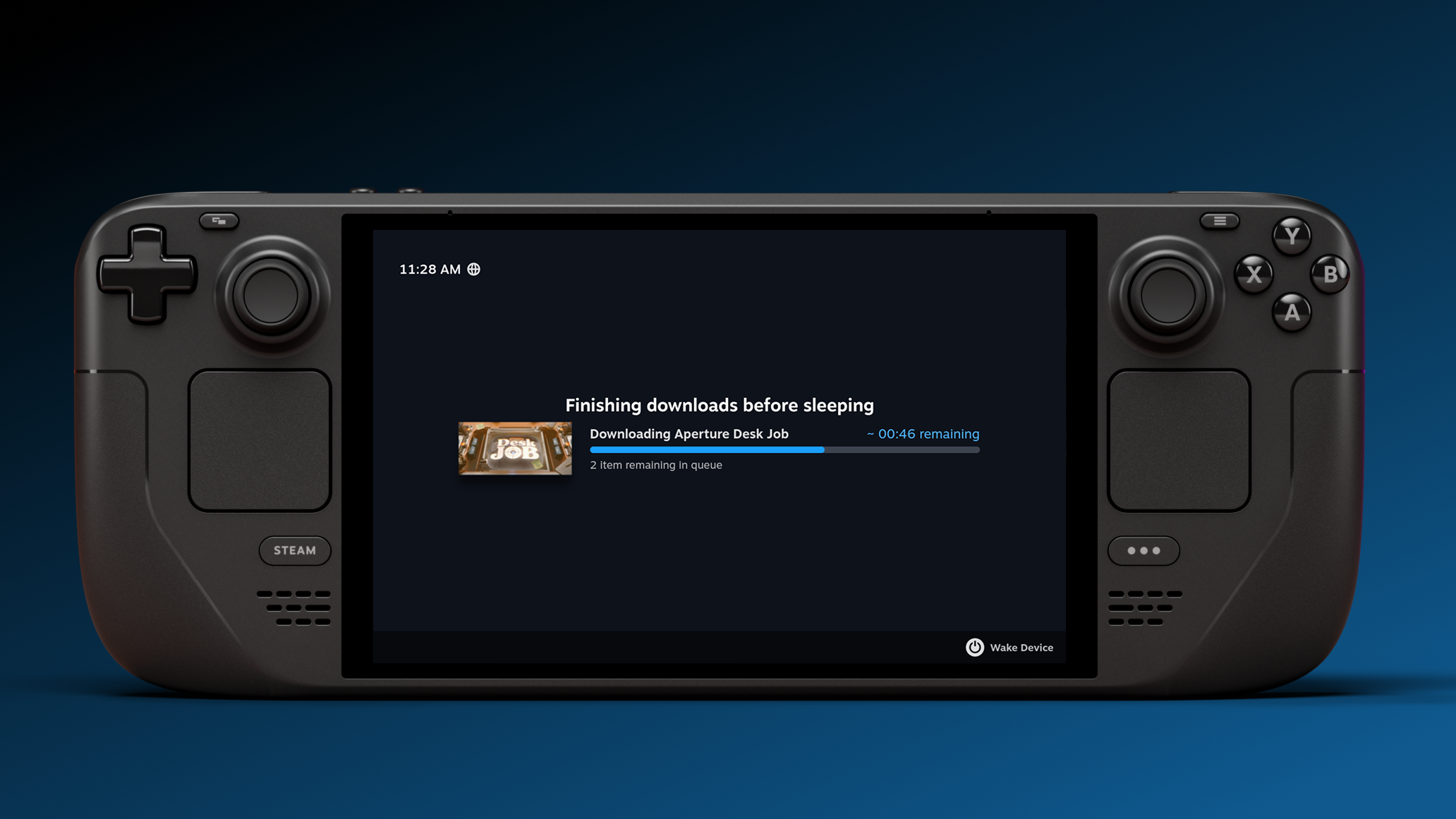 Steam Deck with download status screen
