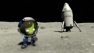 a green-skinned alien with bulbous eyes wears a spacesuit on the surface of the moon