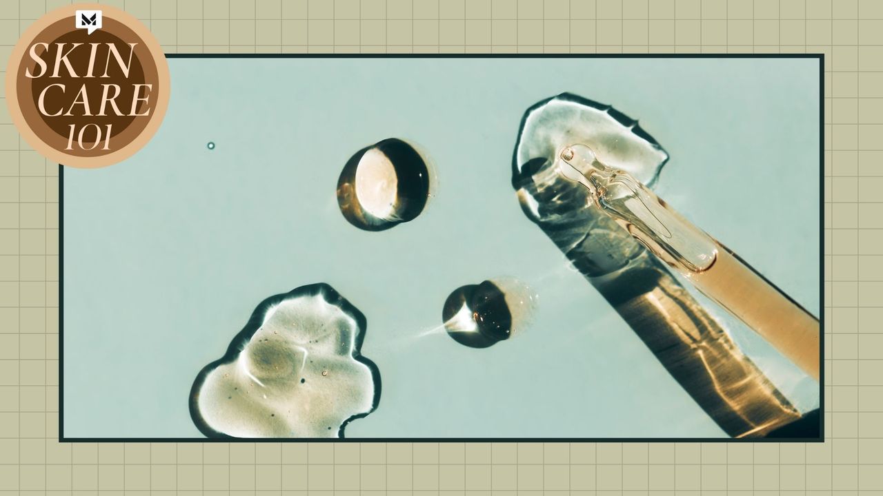 Image from above of glass pipette spreading drops of transparent cosmetic product on blue background with brown stripy skincare 101 badge in the corner