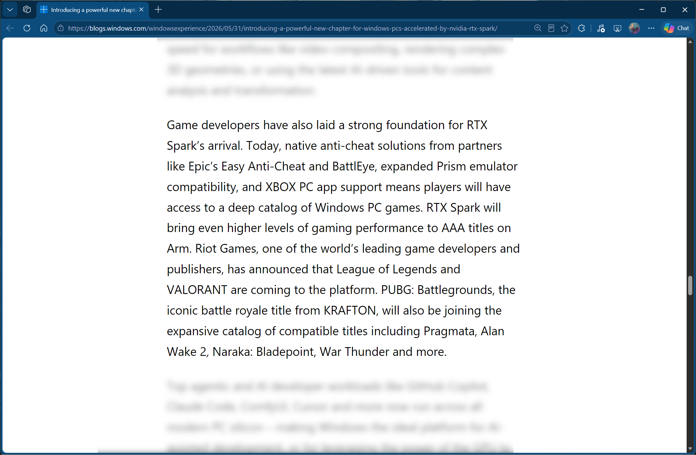 Microsoft's words on RTX Spark natively supporting anti-cheat software