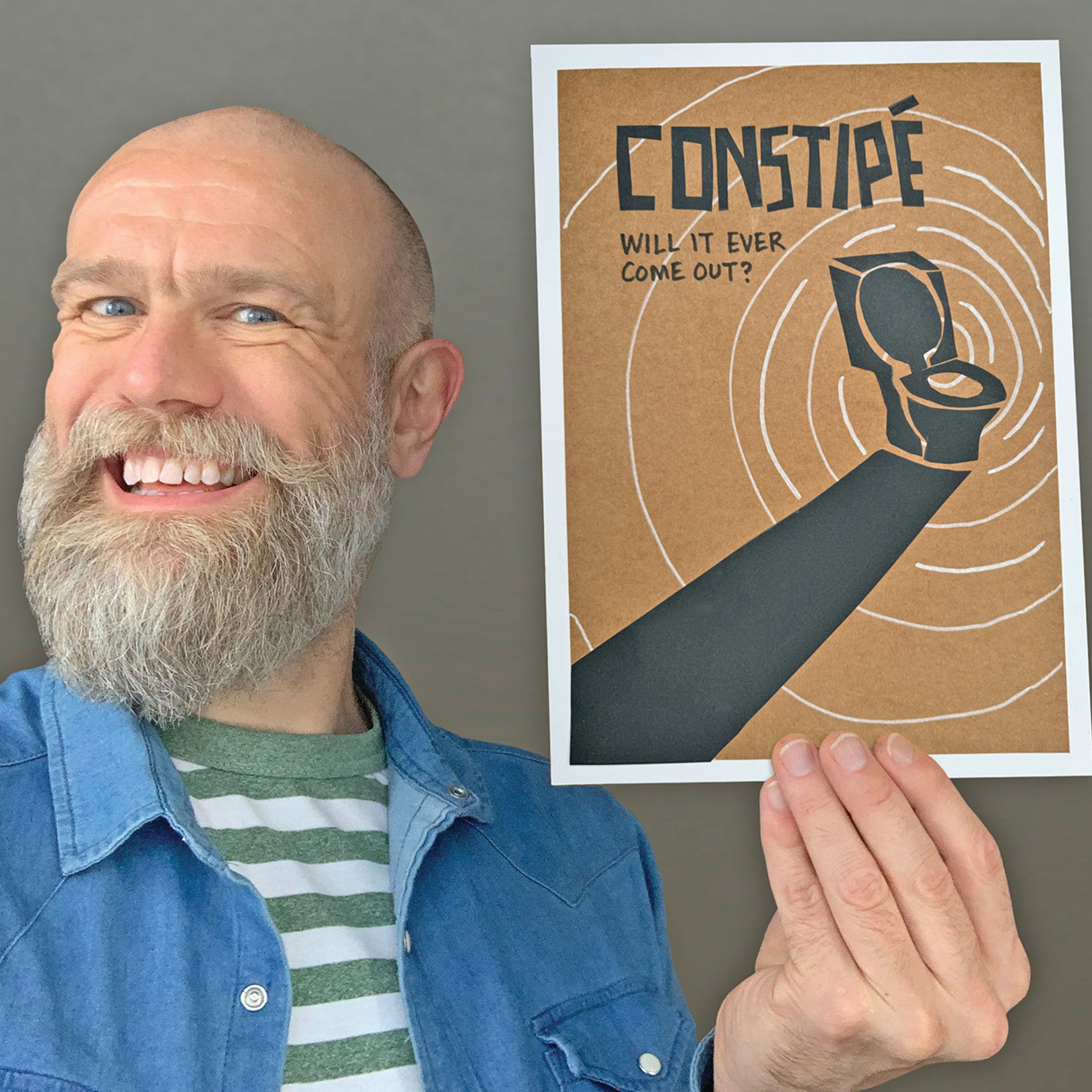 Olaf Falafel holding up Saul Bass-style film poster