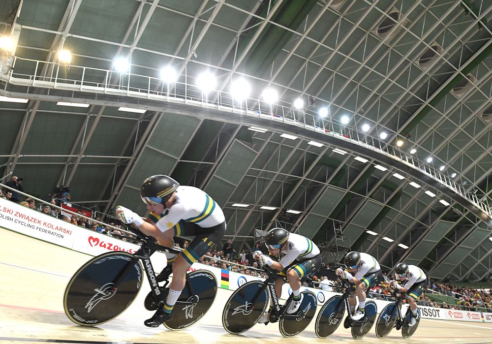 Australia's team competes during the Men's Team Pursuit at the UCI Track Cycling World Championships
