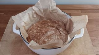 No-knead bread baked in a Dutch oven