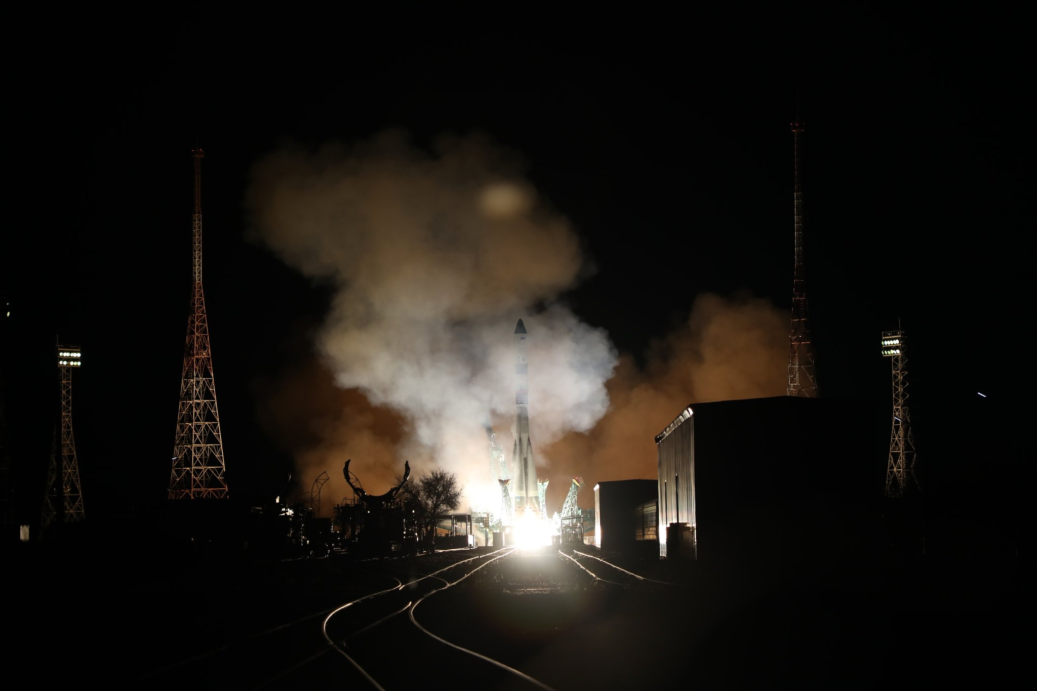 A Russian Soyuz 2.1a rocket carrying the uncrewed Progress 79 cargo ship launches into orbit from Baikonur Cosmodrome, Kazakhstan in the pre-dawn hours of Oct. 28, 2021 (late Oct. 27 EDT).