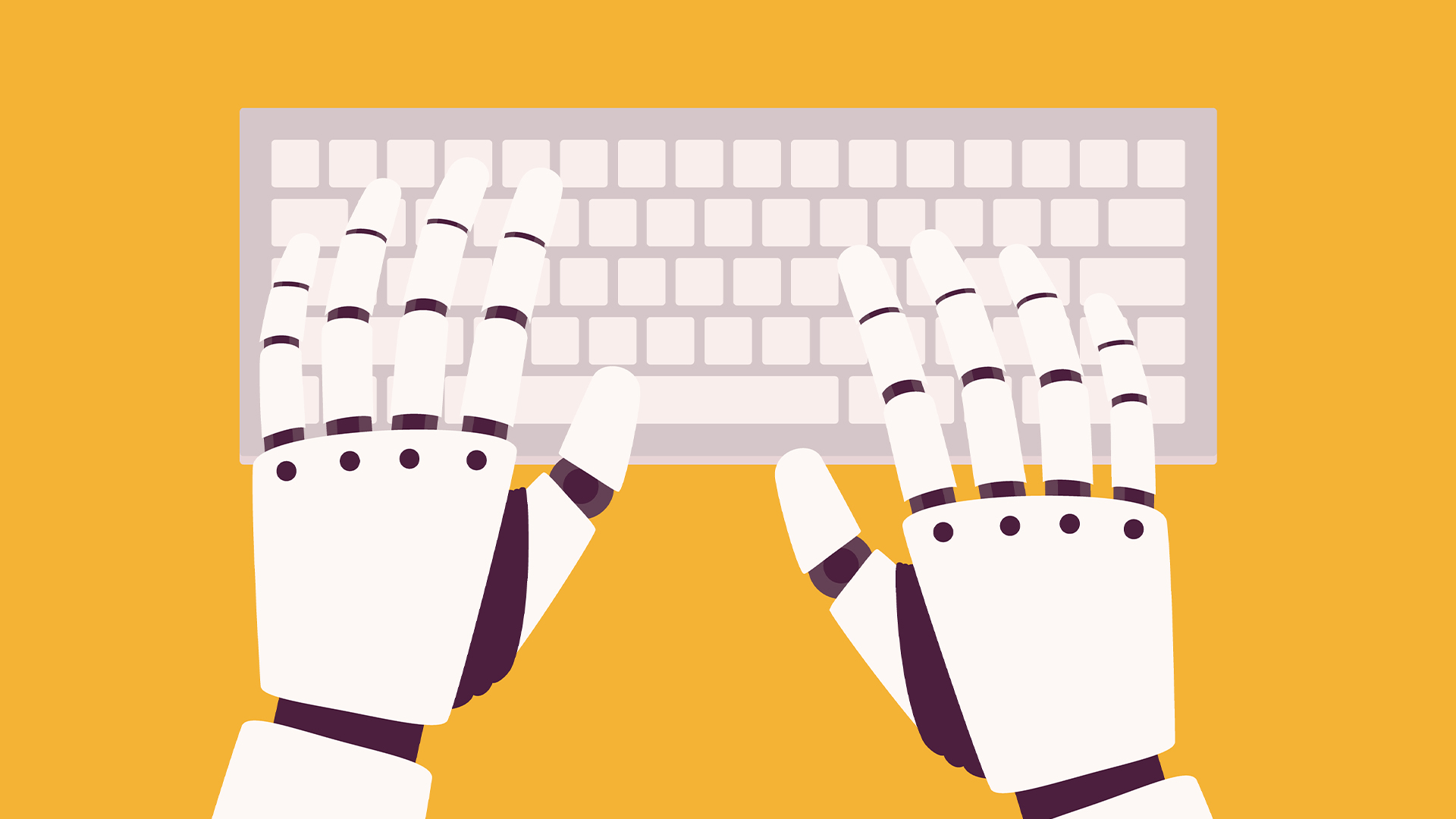Robotics hands typing on a PC keyboard against a yellow backdrop.