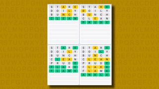 Quordle Daily Sequence answers for game 827 on a yellow background