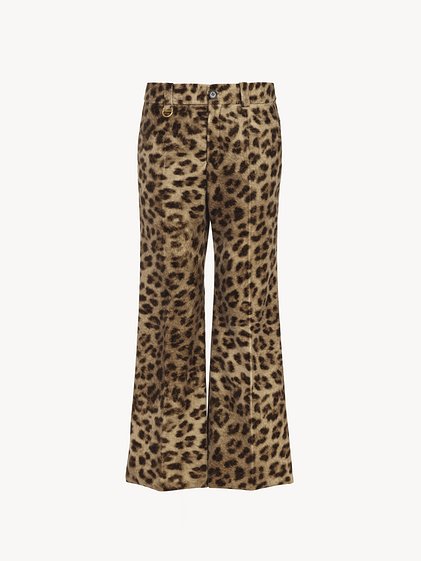 Cropped Bootcut Pants in Leopard-Print Cotton Velvet