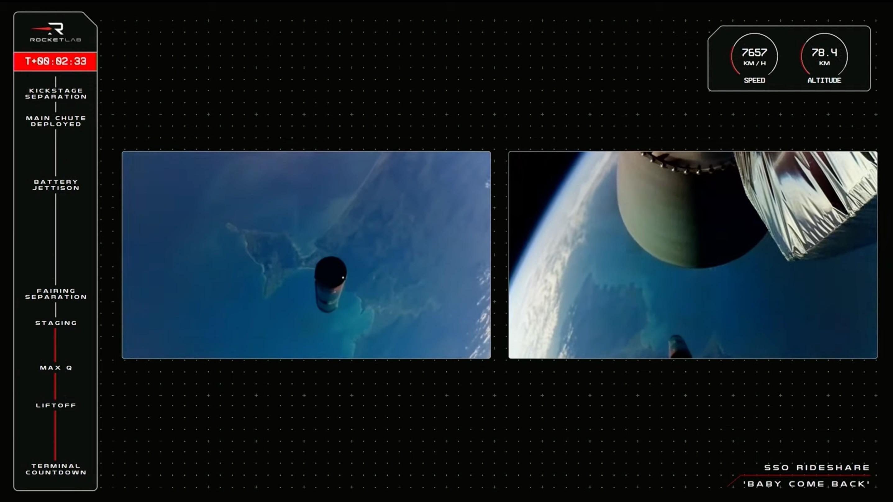 two views of a rocket in space with earth in the background