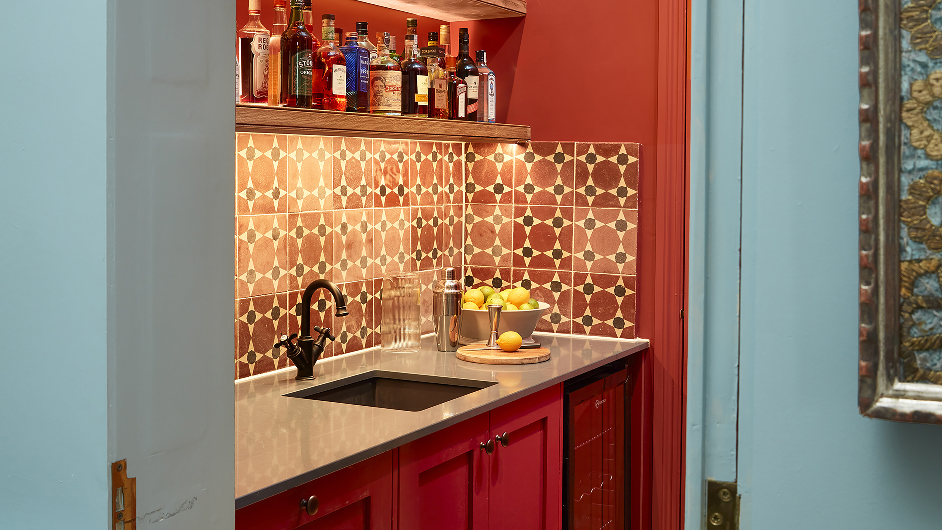 Bantry in red with blue pocket doors