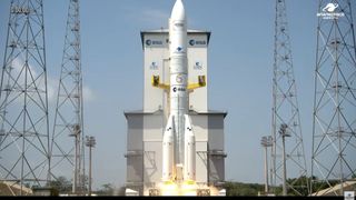 An Ariane 64 rocket launches for the first time ever on Feb. 12, 2026, carrying 32 Amazon Leo satellites to orbit from French Guiana.