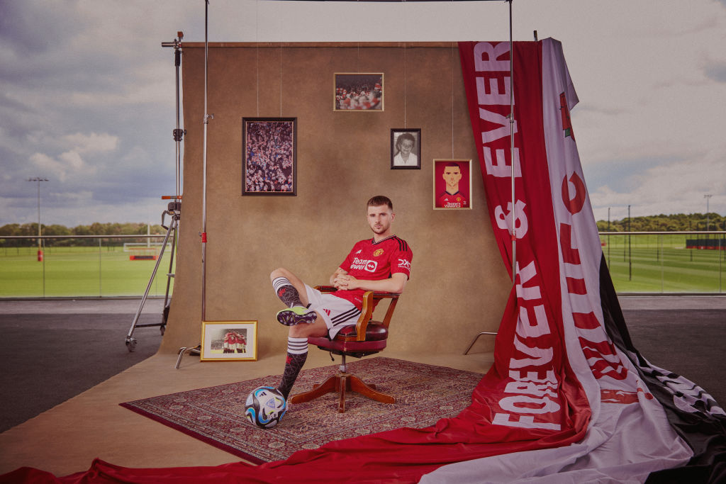 Mason Mount of Manchester United poses after signing for the club at Carrington Training Ground on July 05, 2023 in Manchester, England.