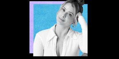 headshot of lo bosworth in black and white overlaid on blue background for she pivots podcast