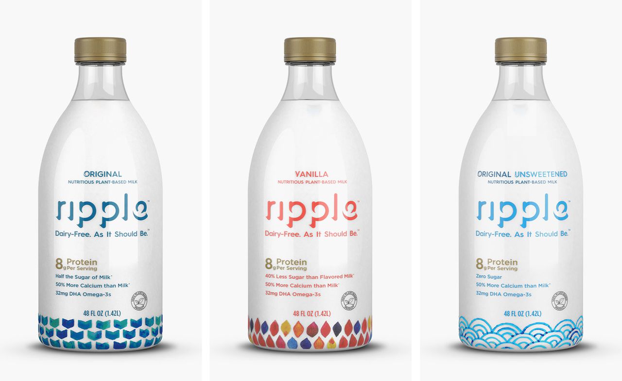 Three bottles in a row of Californian brand Ripple, a new plant-based milk