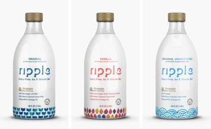 Three bottles in a row of Californian brand Ripple, a new plant-based milk