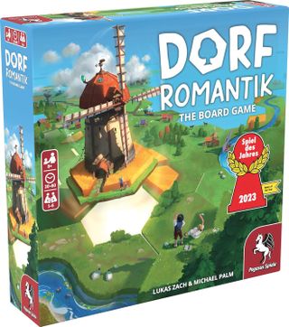 The box for board game Dorfromantik: The Board Game, depicting a windmill on a grassy hill.