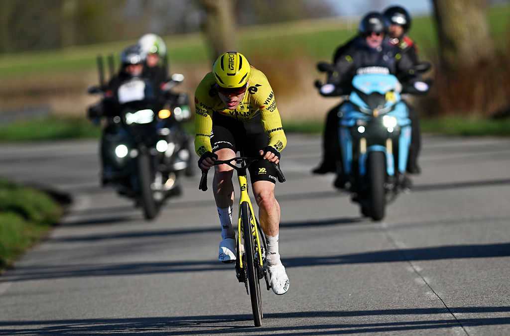 DOUR, BELGIUM - MARCH 03: Per Strand Hagenes of Norway and Team Visma | Lease a Bike competes in the breakaway during the 58th Ename Samyn Classic 2026 - Men&amp;amp;apos;s Elite a 203.8km one day race from Quaregnon to Dour on March 03, 2026 in Dour, Belgium. (Photo by Luc Claessen/Getty Images)