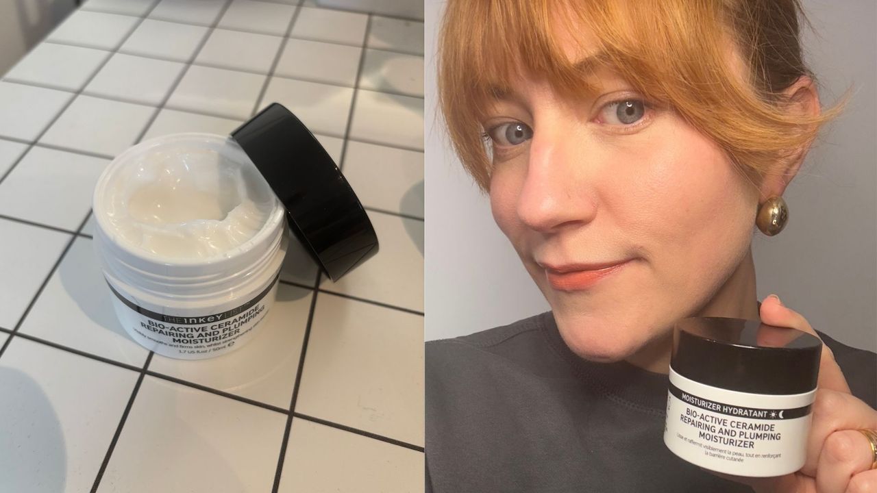 a composite shot of a tub of the inkey list ceramide plumping moisturiser and matilda headshot