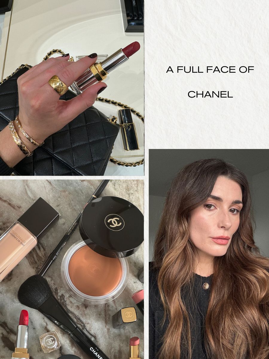 Beauty editor Eleanor Vousden wearing a full face of Chanel makeup, and smaller photos collaged alongside of Chanel makeup products