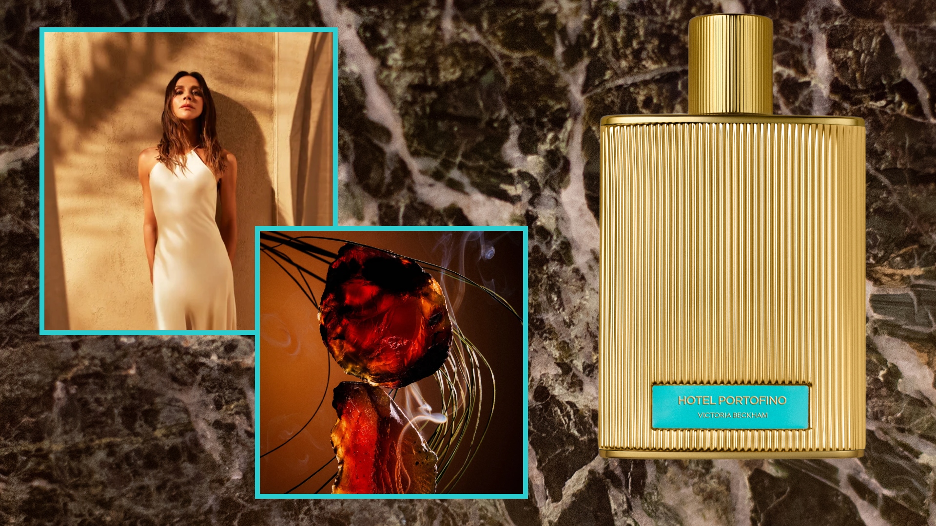 victoria beckham next to her new hotel portofino extrait on a brown marble background