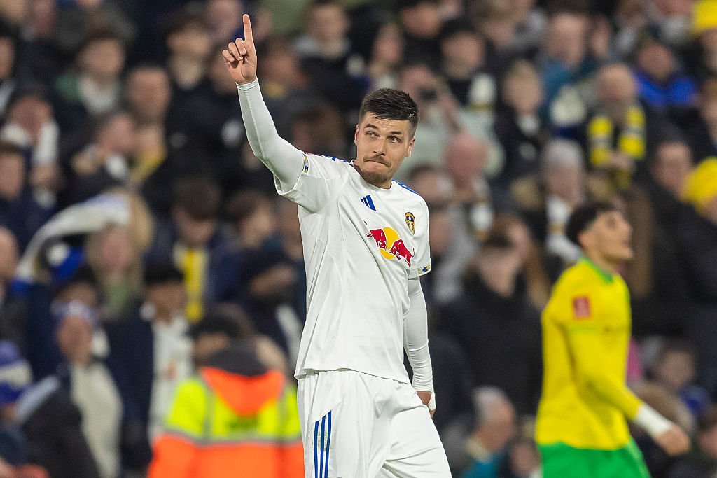 Joel Piroe of Leeds United celebrates scoring his team&amp;amp;apos;s third goal during the Emirates FA Cup Fifth Round match between Leeds United and Norwich City at Elland Road in Leeds, United Kingdom, on March 8, 2026. (Photo by David Watts/MI News/NurPhoto via Getty Images)