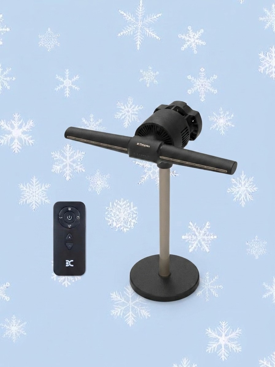 Dimplex fan on blue background with white snowflakes