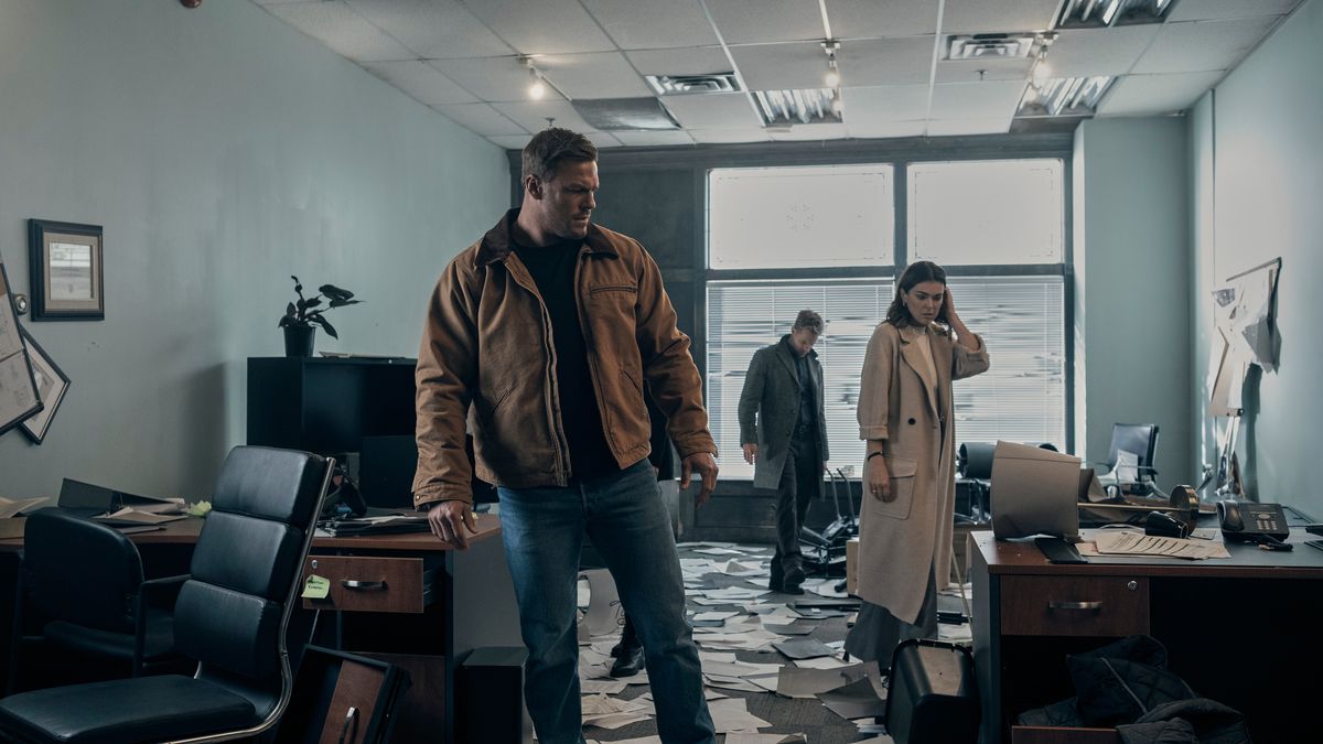 Reacher, Karla and O&#039;Donnell stand in Sanchez and Orozco&#039;s trashed office in Reacher season 2 episode 2. 