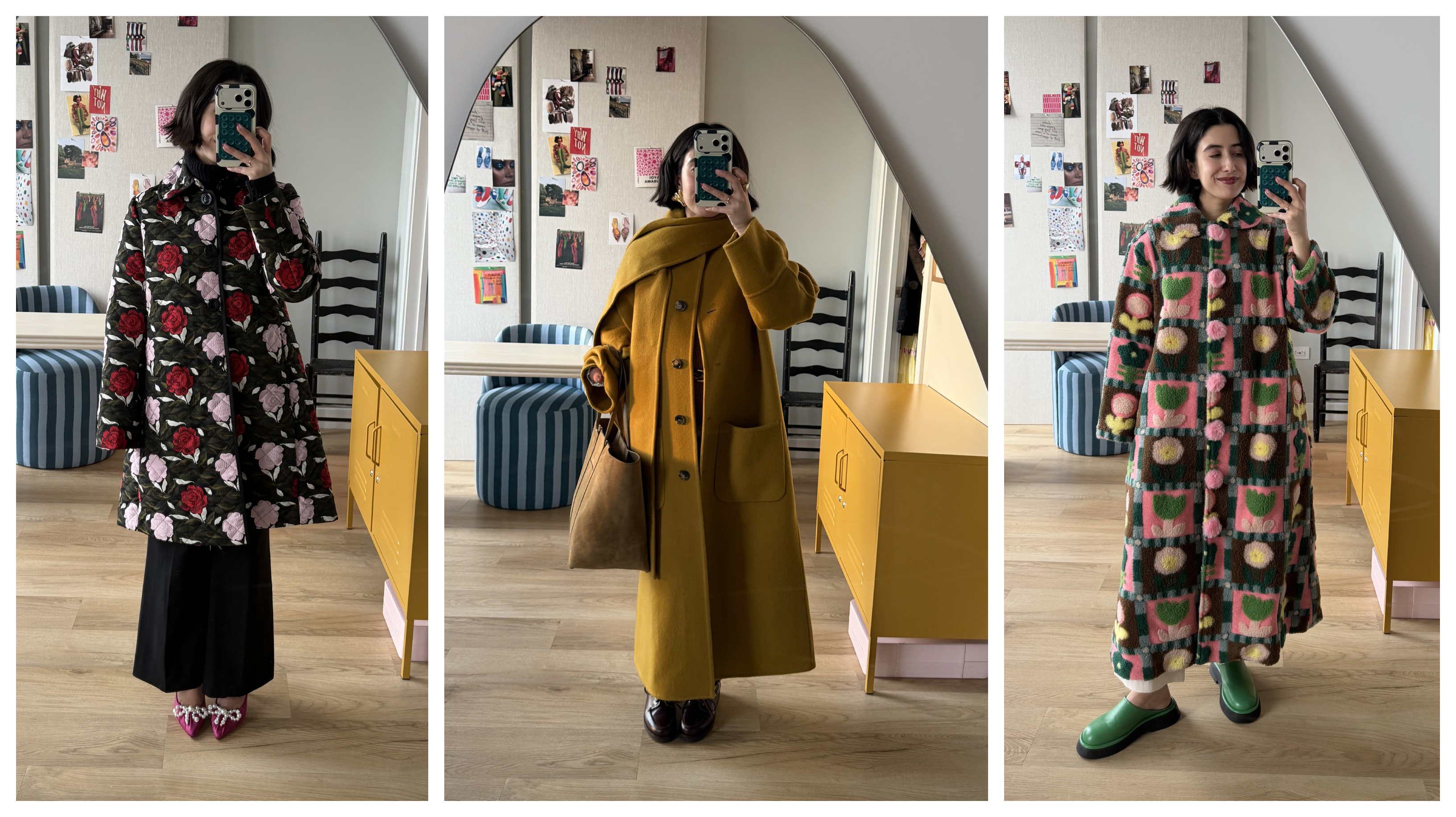 april lockhart wearing statement winter coats in her home