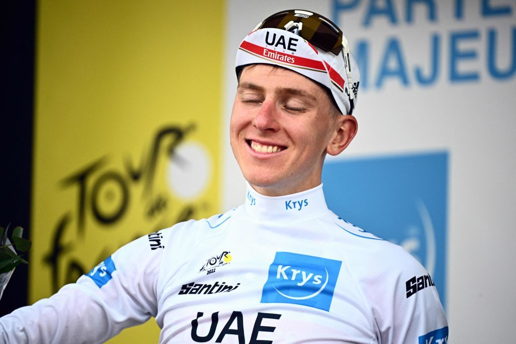 Slovenian Tadej Pogacar of UAE Team Emirates celebrates in the white jersey for best young rider after stage five of the Tour de France cycling race a 155 km race from Lille Metropole to Arenberg porte du Hainaut France on Wednesday 06 July 2022 This years Tour de France takes place from 01 to 24 July 2022 BELGA PHOTO JASPER JACOBS UK OUT Photo by JASPER JACOBS BELGA MAG Belga via AFP Photo by JASPER JACOBSBELGA MAGAFP via Getty Images