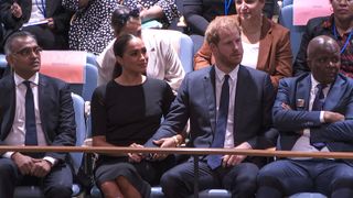 A screen grab taken from a video shows - Meghan Markle (2nd L) and Prince Harry (2nd R) attend UN General Assembly session to observe Nelson Mandela International Day in New York, United States on July 18, 2022.